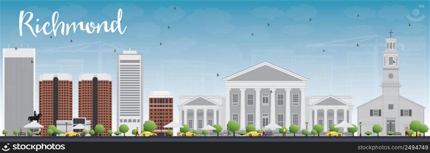 Richmond (Virginia) Skyline with Gray Buildings and Blue Sky. Vector Illustration. Business Travel and Tourism Concept with Modern Buildings.Image for Presentation, Banner, Placard and Web Site.