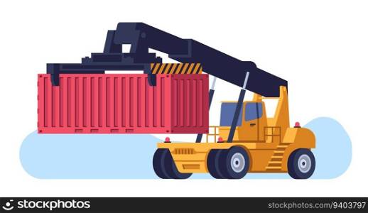 Richstacker transports shipping container from warehouse. Freight transportation terminal. Excavator lifting heavy metal box. Cargo logistics. Storehouse forklift lorry. Harbor loader. Vector concept. Richstacker transports shipping container from warehouse. Freight transportation. Excavator lifting heavy box. Cargo logistics. Storehouse forklift lorry. Harbor loader. Vector concept