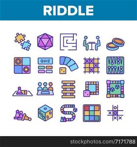 Riddle Play Equipment Collection Icons Set Vector Thin Line. Riddle Board Game, Puzzle With Entry And Exit, Backgammon And Tic Tac Toe Concept Linear Pictograms. Color Contour Illustrations. Riddle Play Equipment Collection Icons Set Vector