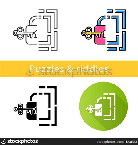 Riddle solution finding icon. Maze, key-lock puzzle. Mental exercise. Logic game. Ingenuity, intelligence test. Brain teaser. Flat design, linear and color styles. Isolated vector illustrations