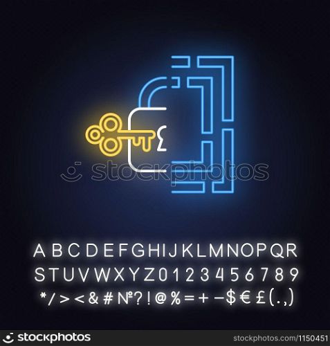 Riddle solution finding neon light icon. Maze, key-lock puzzle. Mental exercise. Logic game. Ingenuity test. Brain teaser. Glowing sign with alphabet, numbers and symbols. Vector isolated illustration