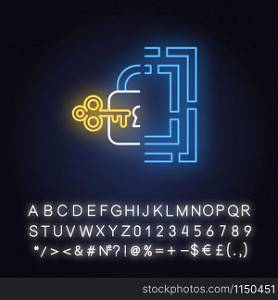 Riddle solution finding neon light icon. Maze, key-lock puzzle. Mental exercise. Logic game. Ingenuity test. Brain teaser. Glowing sign with alphabet, numbers and symbols. Vector isolated illustration