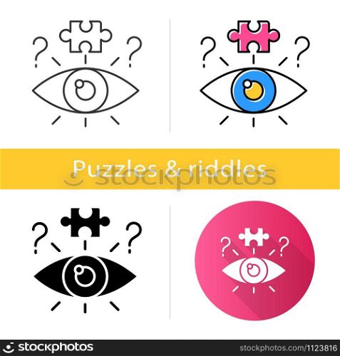 Riddle solving process icon. Mental exercise. Jigsaw puzzle. Mystery, question. Ingenuity, intelligence, test. Brain teaser. Flat design, linear and color styles. Isolated vector illustrations