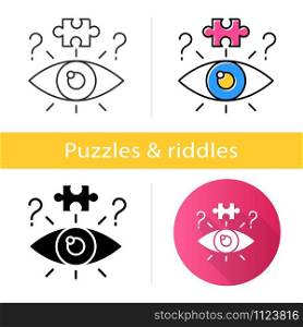 Riddle solving process icon. Mental exercise. Jigsaw puzzle. Mystery, question. Ingenuity, intelligence, test. Brain teaser. Flat design, linear and color styles. Isolated vector illustrations