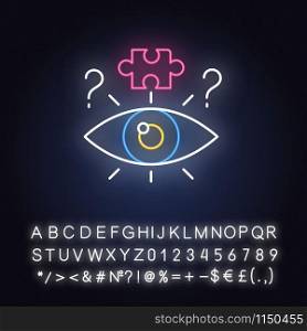Riddle solving process neon light icon. Mental exercise. Jigsaw puzzle. Challenge, mystery, question. Brain teaser. Glowing sign with alphabet, numbers and symbols. Vector isolated illustration