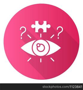 Riddle solving process pink flat design long shadow glyph icon. Mental exercise. Jigsaw puzzle. Mystery, question. Knowledge, intelligence, test. Brain teaser. Vector silhouette illustration