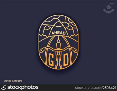 Ride a bicycle. Go ahead. Traveling by transport. Creative line art label design. Vector graphics
