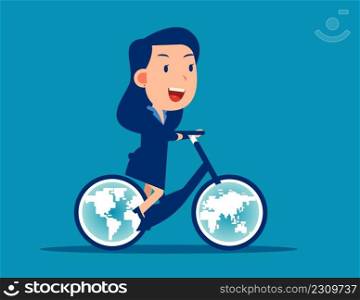 Ride a bicycle with globes for wheels. Moving the world forward