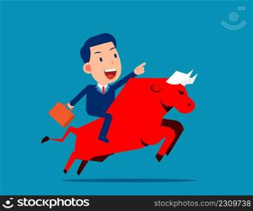 Ride a red bull. Bull market concept. Flat cartoon vector style design
