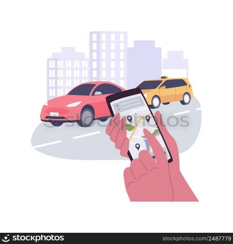 Ride-sharing apps isolated cartoon vector illustrations. Smartphone with ride-sharing app, estimating time of arrival, pup-up sign with minutes, IT technology, data transfer vector cartoon.. Ride-sharing apps isolated cartoon vector illustrations.
