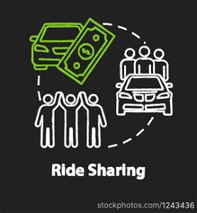 Ride sharing chalk RGB color concept icon. Money saving travel, carpooling idea. Inexpensive transportation, collective journey. Vector isolated chalkboard illustration on black background
