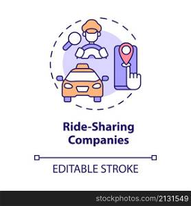 Ride sharing companies concept icon. Passenger cars. Delivery business abstract idea thin line illustration. Isolated outline drawing. Editable stroke. Roboto-Medium, Myriad Pro-Bold fonts used. Ride sharing companies concept icon