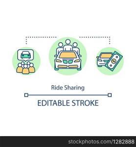Ride sharing concept icon. Cost effective road trip, inexpensive transportation idea thin line illustration. Money saving tourism. Vector isolated outline RGB color drawing. Editable stroke