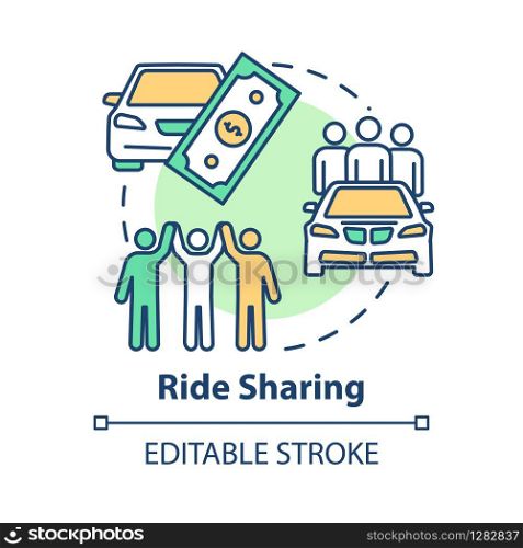 Ride sharing concept icon. Money saving travel, carpooling idea thin line illustration. Inexpensive transportation, collective journey. Vector isolated outline RGB color drawing. Editable stroke