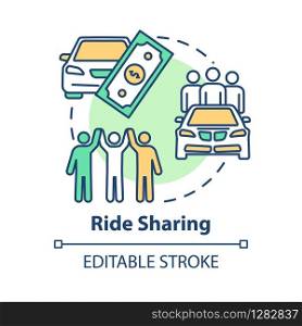 Ride sharing concept icon. Money saving travel, carpooling idea thin line illustration. Inexpensive transportation, collective journey. Vector isolated outline RGB color drawing. Editable stroke
