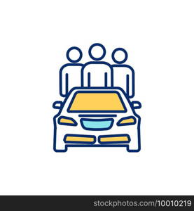 Ride sharing RGB color icon. Carpooling. Sharing vehicle with other passengers. One-way transportation. Ecological and economical decision. Using personal vehicles. Isolated vector illustration. Ride sharing RGB color icon