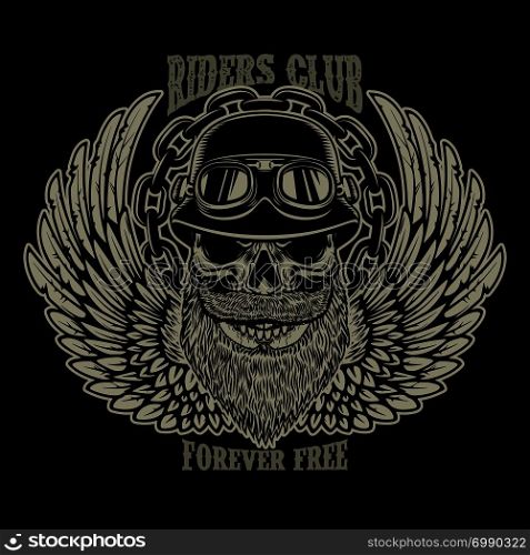 Riders club. Emblem template with biker skull and wings. Design element for poster, card, t shirt. Vector image