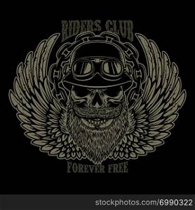 Riders club. Emblem template with biker skull and wings. Design element for poster, card, t shirt. Vector image