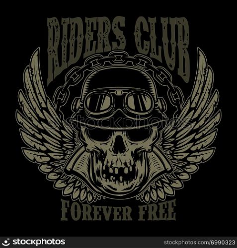 Riders club. Vintage biker emblem with winged racer skull. Vector image