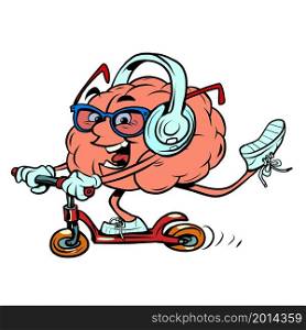 rides a scooter and listens to music human brain character, smart wise. Comic cartoon retro vintage illustration. rides a scooter and listens to music human brain character, smart wise