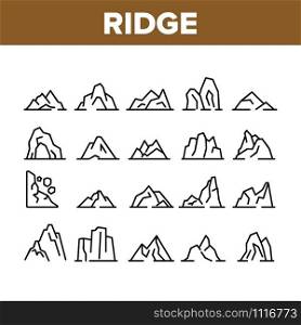 Ridge Different Form Collection Icons Set Vector Thin Line. Ridge Peak Climbs For Extreme Sport, Adventure And Expedition Concept Linear Pictograms. Monochrome Contour Illustrations. Ridge Different Form Collection Icons Set Vector