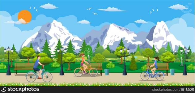 riding a bicycle In Public Park, Vector illustration in flat design. Riding Bicycles In Public Park,