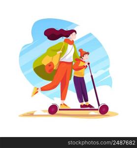 Riding a scooter isolated cartoon vector illustration. Mom with back riding electric scooter, child standing in front holding handlebar, going to school, family daily life vector cartoon.. Riding a scooter isolated cartoon vector illustration.