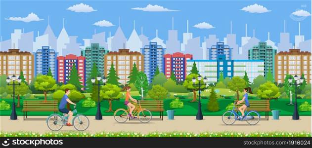 Riding Bicycles In Public Park, Vector illustration in flat design. Riding Bicycles In Public Park,