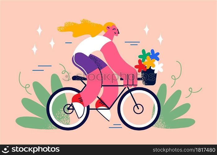 Riding Bike and street summer activities concept. Smiling pretty blonde hipster slim girl with long hair riding fixed gear bicycle with flowers in basket vector illustration . Riding Bike and street summer activities concept