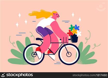 Riding Bike and street summer activities concept. Smiling pretty blonde hipster slim girl with long hair riding fixed gear bicycle with flowers in basket vector illustration . Riding Bike and street summer activities concept