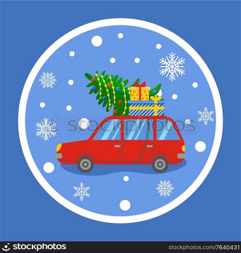 Riding car with pine tree and garlands. Snowing weather and automobile loaded with presents and gifts in boxes. Rounded sticker with white line. Red auto in snowfall, spruce with glowing bulbs vector. Christmas Preparation Car with Presents and Pine