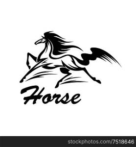 Riding club symbol for equestrian sport design with black and white silhouette of running horse with muscular body and strong long legs. Equestrian riding club symbol with running horse