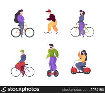 Riding people. Urban transport car scooter electric segway motorbike longboard skate garish vector flat characters riders isolated on white background. Illustration urban electric transport. Riding people. Urban transport car scooter electric segway motorbike longboard skate garish vector flat characters riders isolated on white background