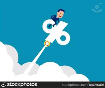 Riding percentage sign as rocket. Business finance and industry. Flat cartoon vector illustration