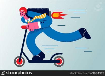 Riding scooter to work concept. Young businessman in suit and helmet riding electrical scooter for fast getting to office vector illustration . Riding scooter to work concept