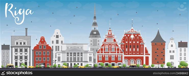 Riga Skyline with Landmarks and Blue Sky. Vector Illustration. Business Travel and Tourism Concept with Historic Buildings. Image for Presentation Banner Placard and Web Site.