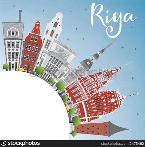 Riga Skyline with Landmarks, Blue Sky and Copy Space. Vector Illustration. Business Travel and Tourism Concept with Historic Buildings. Image for Presentation Banner Placard and Web Site.