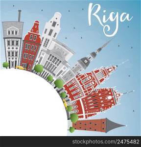 Riga Skyline with Landmarks, Blue Sky and Copy Space. Vector Illustration. Business Travel and Tourism Concept with Historic Buildings. Image for Presentation Banner Placard and Web Site.