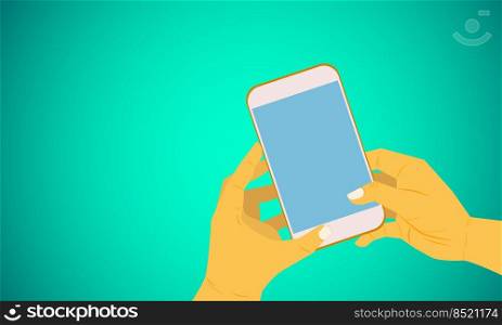right and left hand holding smartphone using application for social business marketing vector illustration eps10