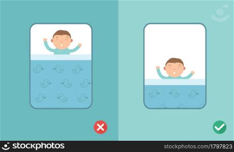 Right and wrong safe sleeping baby,vector illustration
