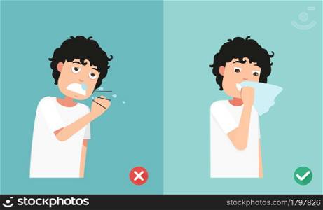 Right and wrong sneezing in hand and handkerchief,illustration.vector
