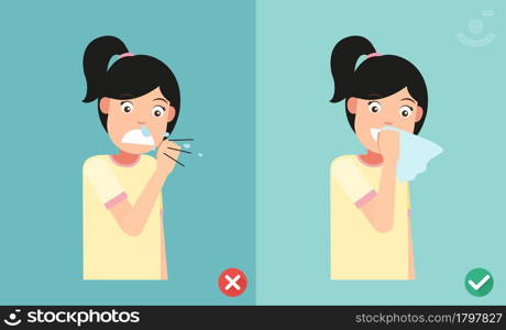 right and wrong sneezing in hand and handkerchief,illustration.vector