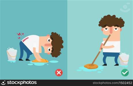 right and wrongs way to clean the floor,illustration, vector