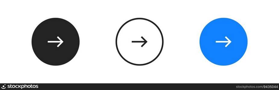 Right arrow icon in blue circle on white background. Next, continue, navigation signs. Ui interface. Enter, redirection symbols. Flat design. Vector illustration. Right arrow icon in blue circle on white background. Next, continue, navigation signs. Ui interface. Enter, redirection symbols. Flat design. Vector illustration.