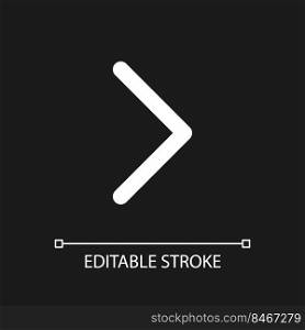 Right arrow pixel perfect white linear ui icon for dark theme. Navigation. Angle bracket. Vector line pictogram. Isolated user interface symbol for night mode. Editable stroke. Arial font used. Right arrow pixel perfect white linear ui icon for dark theme