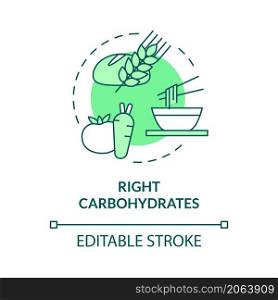 Right carbohydrates green concept icon. Healthy ration for fitness abstract idea thin line illustration. Isolated outline drawing. Editable stroke. Roboto-Medium, Myriad Pro-Bold fonts used. Right carbohydrates green concept icon