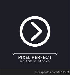 Right direction pointer pixel perfect white linear ui icon for dark theme. Website element. Vector line pictogram. Isolated user interface symbol for night mode. Editable stroke. Poppins font used. Right direction pointer pixel perfect white linear ui icon for dark theme