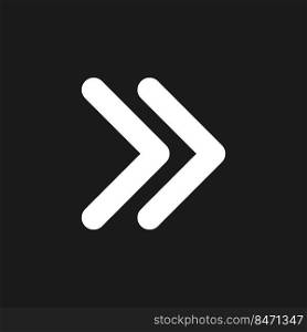 Right double arrow dark mode glyph ui icon. Fast forward button. Speed up. User interface design. White silhouette symbol on black space. Solid pictogram for web, mobile. Vector isolated illustration. Right double arrow dark mode glyph ui icon