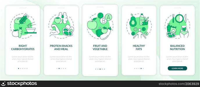 Right food for exercises green onboarding mobile app screen. Dieting walkthrough 5 steps graphic instructions pages with linear concepts. UI, UX, GUI template. Myriad Pro-Bold, Regular fonts used. Right food for exercises green onboarding mobile app screen