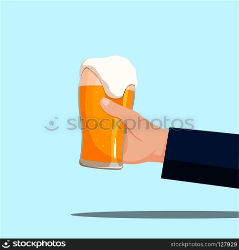 Right hand holding a beer glass on a blue background